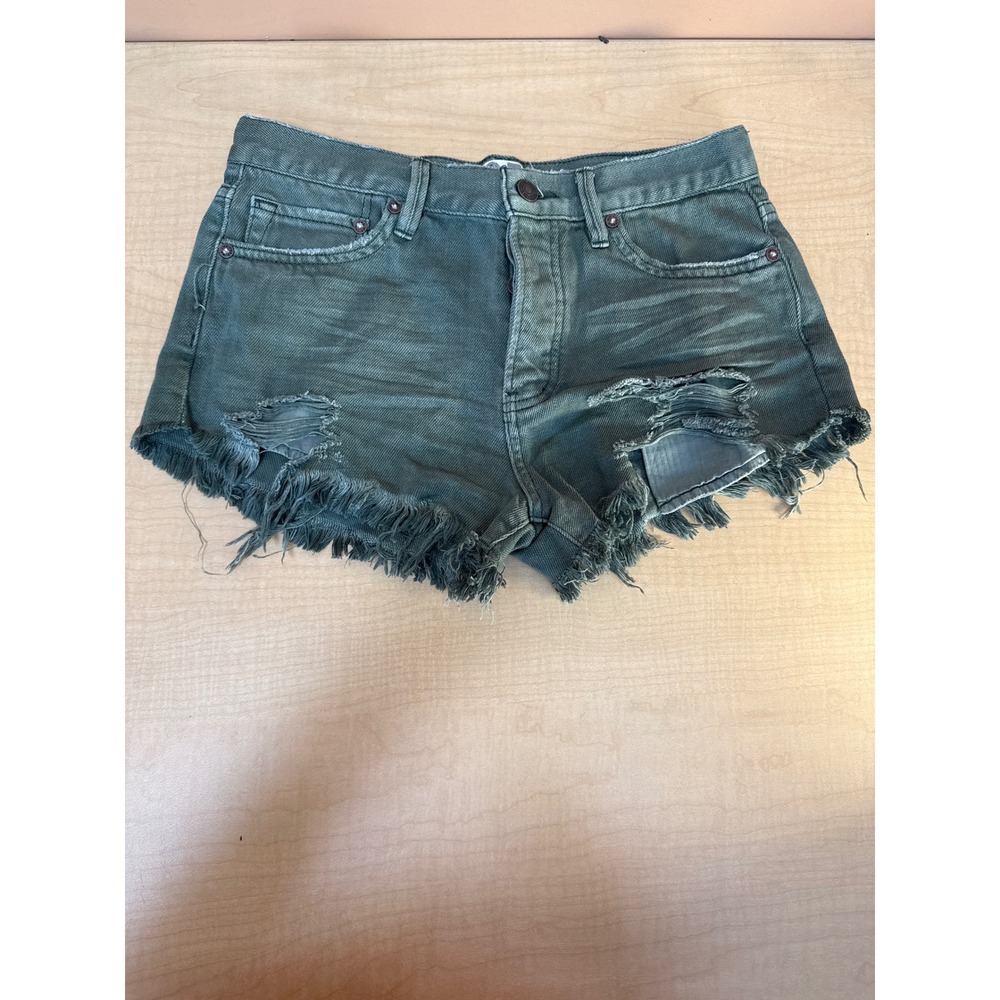 We The Free Free People Distressed Denim Shorts Green Cut Off Frayed Hem Size 25